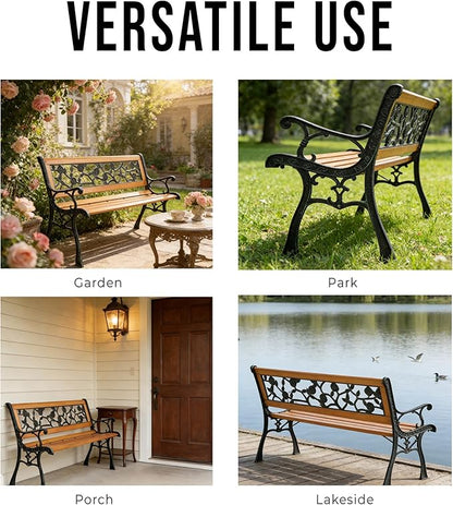 49" Outdoor Wood Bench for Garden, Patio & Porch, 2-Person Bench with Iron Armrests, PVC Backrest, Weather-Resistant Hardwood Seat, Natural Wood & Bronze