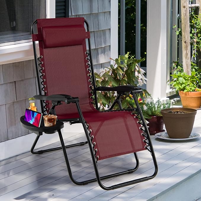 Goplus Zero Gravity Lounge Chairs, 160°Adjustable Folding Recliner w/Pillow and Cup Holder, 350LBS Comfy Outdoor Lounge Chairs for Patio, Lawn, Yard & Camp(Set of 2, Wine)