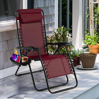 Goplus Zero Gravity Lounge Chairs, 160°Adjustable Folding Recliner w/Pillow and Cup Holder, 350LBS Comfy Outdoor Lounge Chairs for Patio, Lawn, Yard & Camp(Set of 2, Wine)