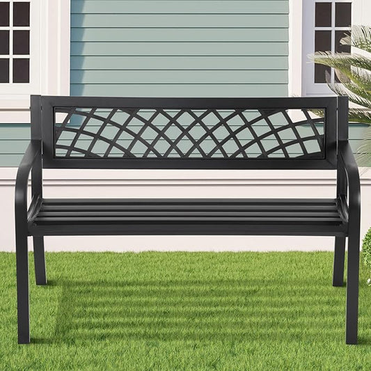 Garden Bench Patio Bench Outdoor Park Bench Metal Outside Porch Chair Seat Cast Iron Steel Frame Sturdy Bench Patio Furniture for Yard Porch Entryway Lawn Decor Deck, Black, 46 in