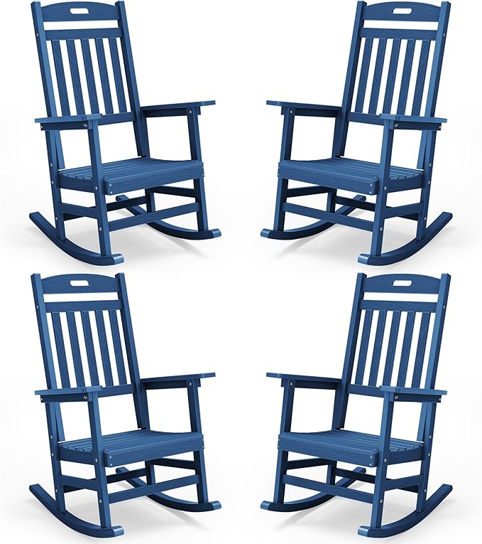 YEFU Porch Rocking Chairs Set of 4: Plastic Rocking Chairs for Outside, Weather Resistant for Patio, Waterproof, Rock smoothly, Navy Blue