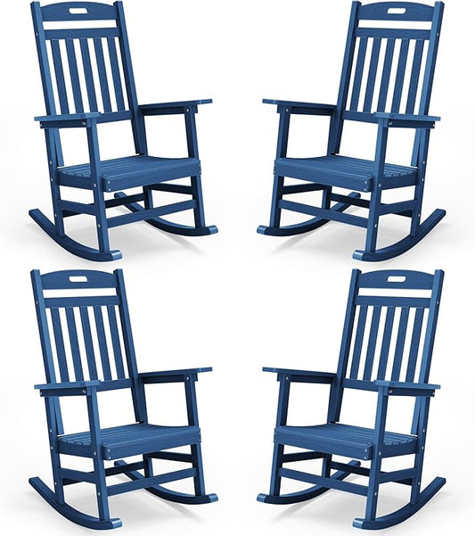 YEFU Porch Rocking Chairs Set of 4: Plastic Rocking Chairs for Outside, Weather Resistant for Patio, Waterproof, Rock smoothly, Navy Blue