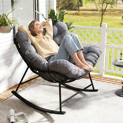 Kromax Oversized Outdoor Papasan Rocking Chair, Wicker Egg Chair Rocker for Outside, Comfy Patio Rocker, Large Indoor Rocking Recliner, Modern Egg Style, Grey