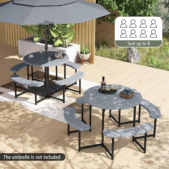 Giantex Picnic Table Bench Set for 4-8 Person, Round 37” Outdoor Dining Table w/Umbrella Hole, HDPE Tabletop - Photo 3
