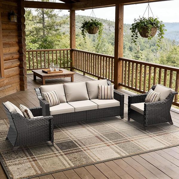 3 Pieces Patio Conversation Furniture Set - 1 Sofa, 2 Armchairs - Photo 1