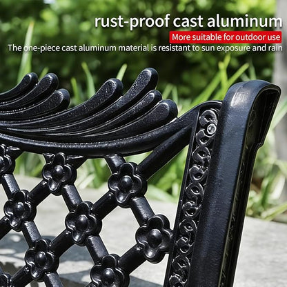 51" Outdoor Bench Garden Bench Cast Aluminum Bench with Floral Back Metal Front Porch Benches for Yard Patio Entryway Park (Matte Black)