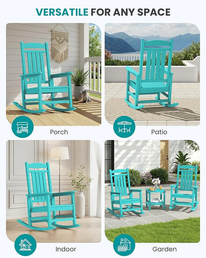SERWALL Oversized Outdoor Rocking Chair, All-Weather Patio Rocking Chair, HDPE Porch Rocker for Adults, Aruba Blue