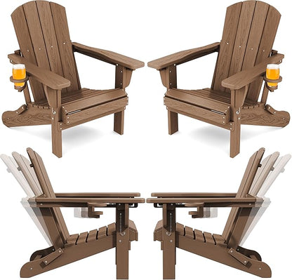 SERWALL Folding Adirondack Chair Set of 4, Reclining Adirondack Chair with 3 Recline Positions, All Weather HDPE Outdoor Adirondack, Brown