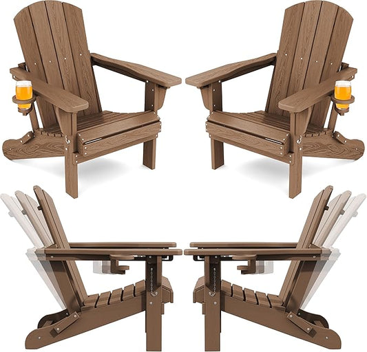 SERWALL Folding Adirondack Chair Set of 4, Reclining Adirondack Chair with 3 Recline Positions, All Weather HDPE Outdoor Adirondack, Brown