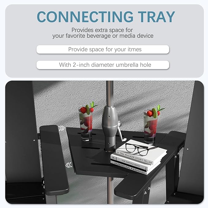 Tall Adirondack Chair Set of 2, HDPE Balcony Chairs with Connecting Tray, Two Cup Holders, All-Weather Adirondack Bar Stools for Patio, Balcony, Backyard, Poolside, Black