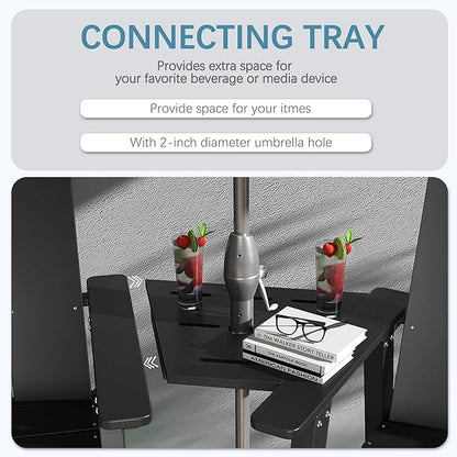 Tall Adirondack Chair Set of 2, HDPE Balcony Chairs with Connecting Tray, Two Cup Holders, All-Weather Adirondack Bar Stools for Patio, Balcony, Backyard, Poolside, Black