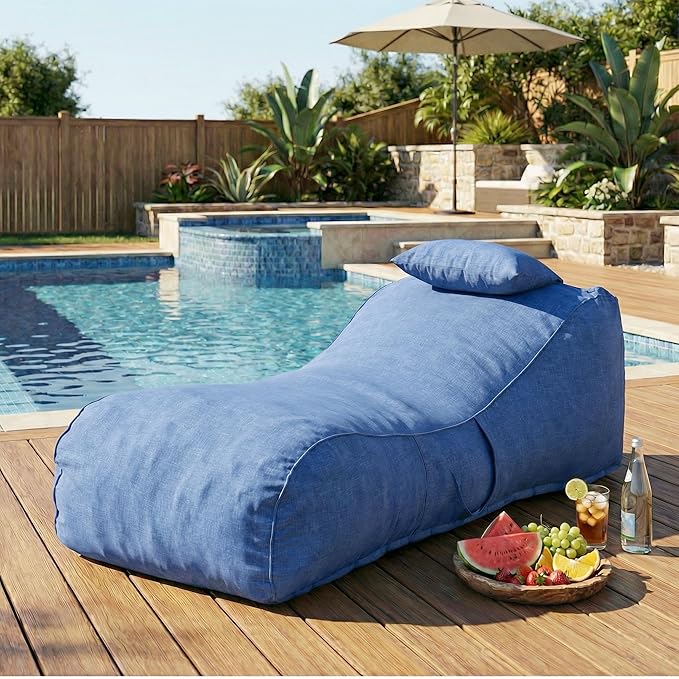 Merax Outdoor Bean Bag Chairs with Headrest, 71" L Large Lounger Chair for Adults Bean Bag Bed with Foam Filled for Patio Pool Balcony & Desk, Beige Fabric Outside Beanbag Chair, Navy Blue
