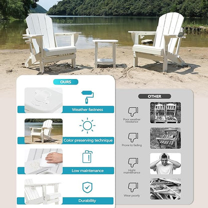 Folding Outdoor Adirondack Chairs Set of 4 with HDPE Side Tables-Plastic Weather Resistant Patio Chairs with Small Outdoor Side Tables 2 Storage for Patio,Fire Pit, Garden and Backyard