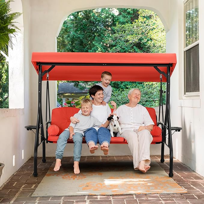 HOMREST 3 Seat Outdoor Porch Swing with Adjustable Canopy, Convertible Patio Swing Bed with Stand - Photo 6