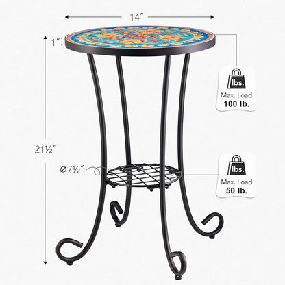 VONLUCE Patio Side Table and Plant Stand, 21" End Table with 14" Ceramic Tile Top for Porch Garden Decor, Indoor & Outdoor Accent Table, Living Room Bedroom Balcony Furniture for Home Garden, Faberge
