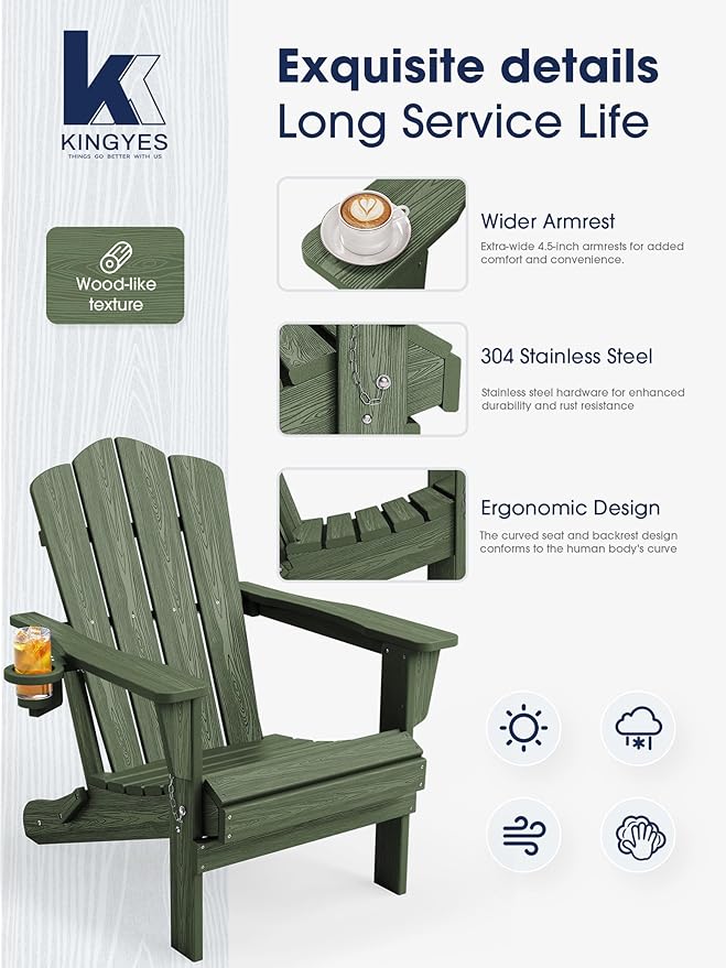 KINGYES Folding Adirondack Chair Set of 2, HDPE All-Weather Patio Chairs with Cup Holder - Photo 3