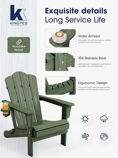KINGYES Folding Adirondack Chair Set of 8, HDPE All-Weather Patio Chairs with Cup Holder, Wooden TextuAruba Fire Pit Chairs for Poolside, Backyard, Deck, Avocado