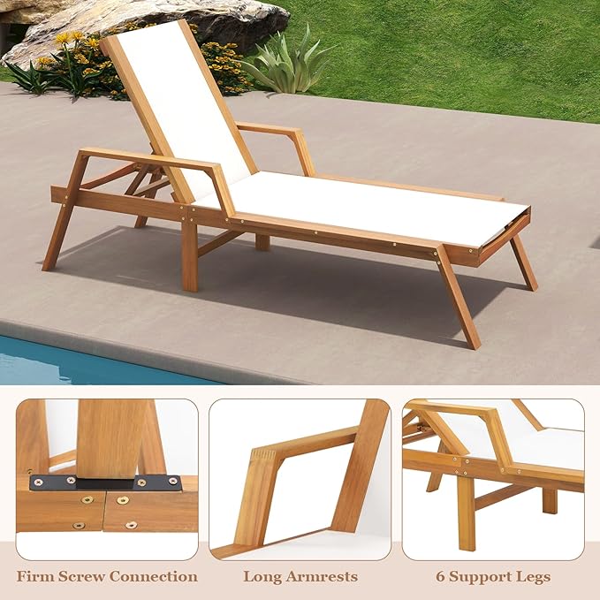 HAPPYGRILL Outdoor Wood Chaise Lounge Set of 2, Patio Tanning Chaise with Adjustable 5-Position Backrest - Photo 9