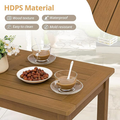 LUE BONA Outdoor Coffee Table Rectangle, 42.5" HDPS Patio Coffee Tables for Outside, All Weather Patio Coffee Table with Slatted Tabletop for Deck, Garden, Balcony, Indoor or Outdoor Use, Teak