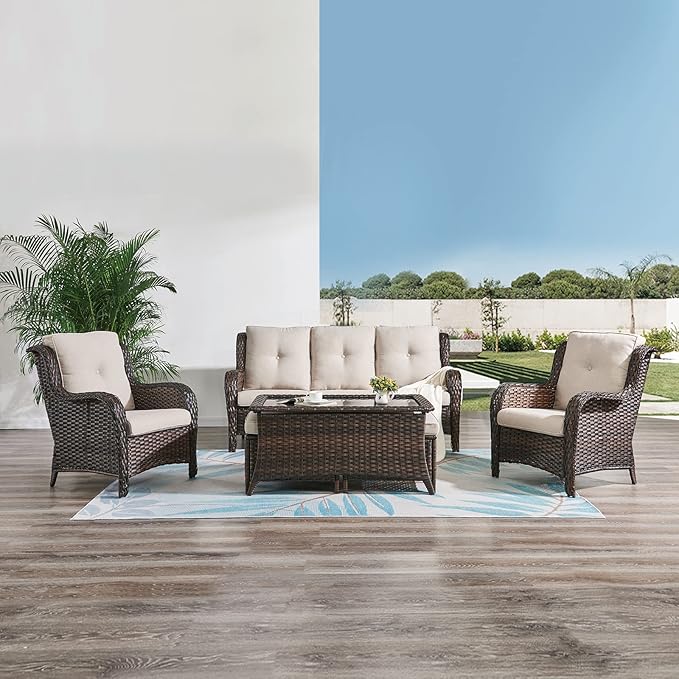 HUMMUH Outdoor Furniture 6 Pieces Patio Furniture Set Wicker Outdoor Sectional Sofa with 2 Patio Chairs,Ottomans,Coffee Table…