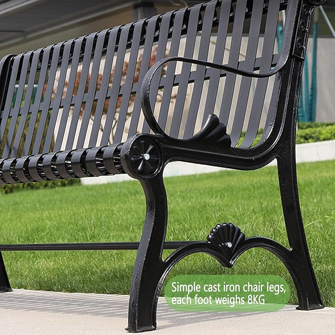 Outdoor Garden Bench, Metal Park Bench with Backrest & Armrests, Weatherproof Furniture Seating up to 200kg, Perfect for Terrace & Balcony (Color: Black)