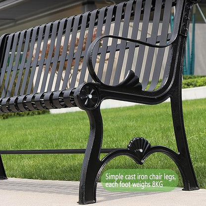 Outdoor Metal Garden Bench with Backrest and Armrests, Weatherproof Patio Seating for Lawn & Terrace, Supports 200kg, Stylish Black Design, Perfect for Parks & Balconies