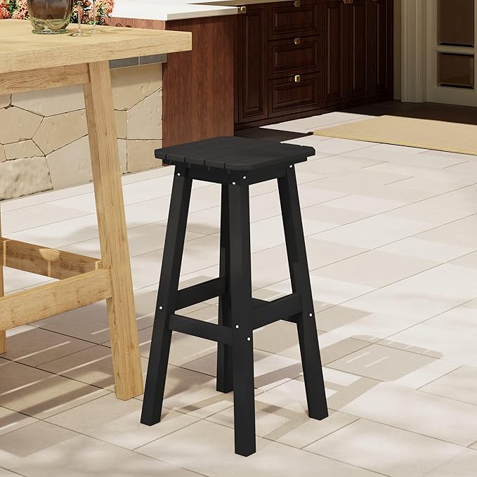 Costaelm 29" Height Outdoor Bar Stools, All-Weather Bar Stools, Adirondack Poly Patio Square Bar Stool for Patio, Deck, Kitchen Counter and Garden, Black