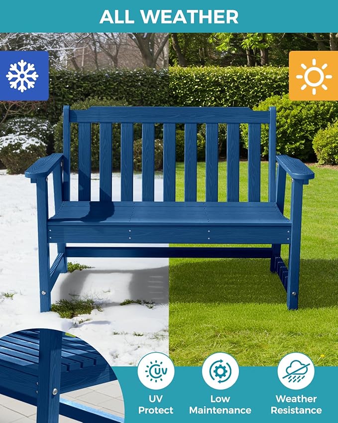 Outdoor Bench, 2-Person HDPE Garden Bench, All Weather Poly Patio Bench for Outdoors, Garden, Backyard, Porch and Park, 660 lbs Weight Capacity, Navy Blue, 2 Pack