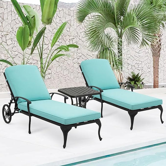 HOMEFUN Chaise Lounge Chair Outdoor - Poolside Chairs Set of 2 with Cushion and 1 Patio Side Table Cast Aluminum Waterproof Lounger with Wheels and Adjustable Reclining (Cyan Cushion)