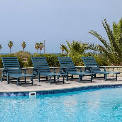 5-Position Adjustable Patio Chaise Lounge - 78'' HDPE Outdoor Lounger with Rolling Wheels & Cup Holder, Longer, Wider, Higher - Perfect for Poolside & Deck, Navy, 4pcs
