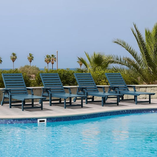 5-Position Adjustable Patio Chaise Lounge - 78'' HDPE Outdoor Lounger with Rolling Wheels & Cup Holder, Longer, Wider, Higher - Perfect for Poolside & Deck, Navy, 4pcs