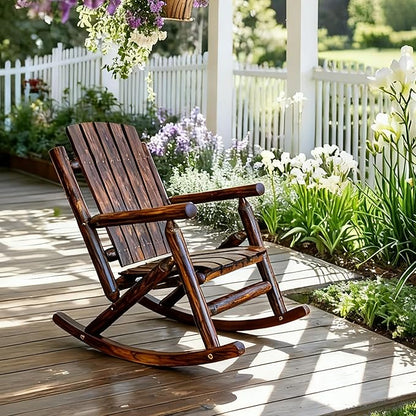 Rustic Log Wooden Rocking Chair, Handcrafted Solid Fir Wood Outdoor Rocker for Porch, Patio, Heavy-Duty 700 LBS, Weather-Resistant Finish, Natural Charm (Deep Brown)