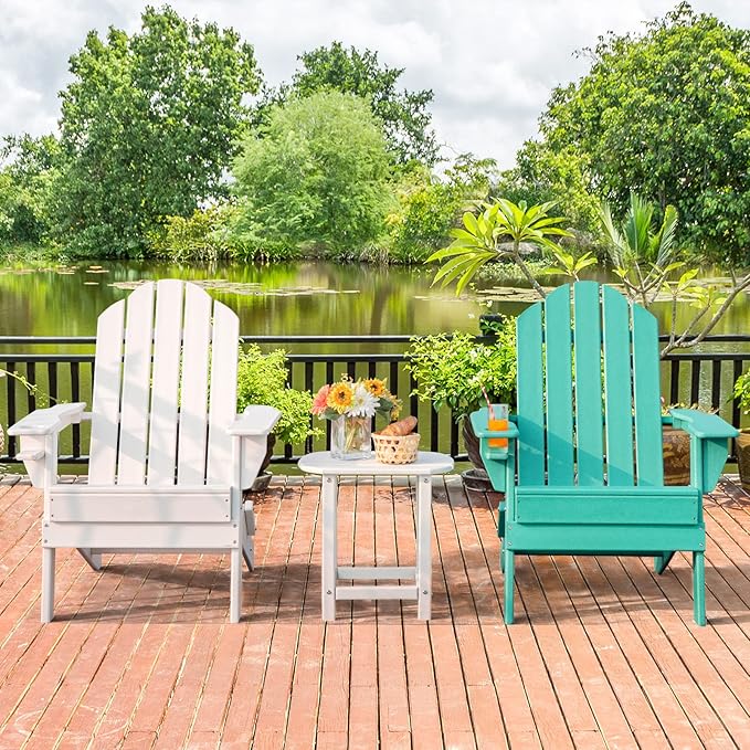 Giantex Adirondack Chair Outdoor Folding Chairs, HDPE Weather Resistant Patio Chair with Built-in Cup Holder Lawn Chair for Patio, Backyard, Balcony, Deck Outside Plastic Fire Pit Chair(1, Turquoise)