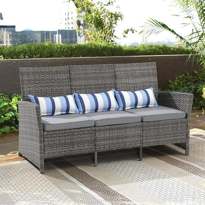 SUNSITT Outdoor Furniture 3 Seats Patio Couch, Outdoor Wicker Sofa, Grey PE Wicker with Grey Cushions & Lumbar Pillows, Porch, Backyard, Pool, Steel Frame | Outdoor Wicker Sofa, Grey PE Wicker, Grey Cushions, Lumbar Pillows, Steel Frame