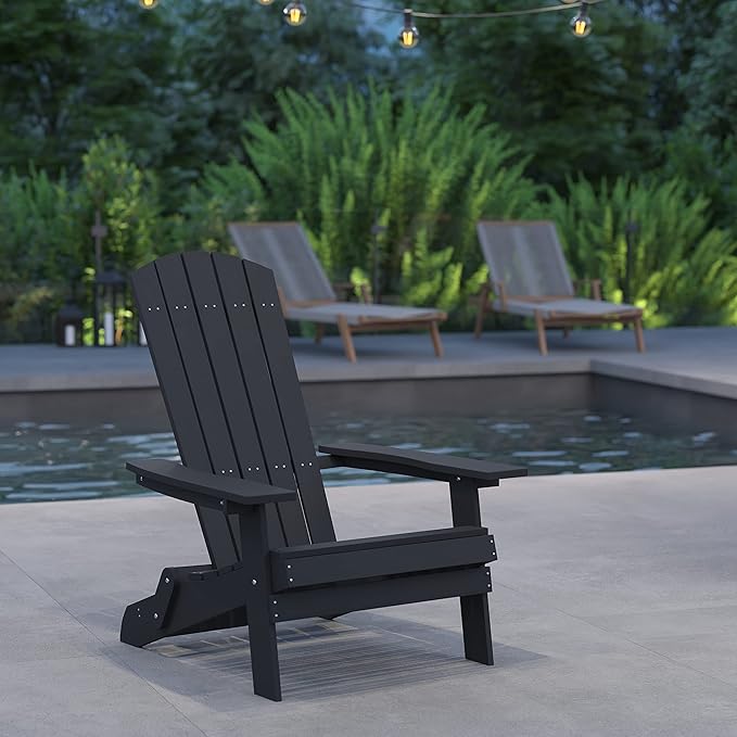 Merrick Lane Riviera Poly Resin Folding Adirondack Lounge Chair - Black - Indoor/Outdoor - Weather Resistant