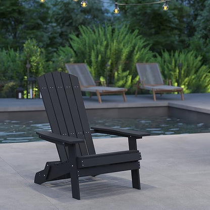 Merrick Lane Riviera Poly Resin Folding Adirondack Lounge Chair - Black - Indoor/Outdoor - Weather Resistant