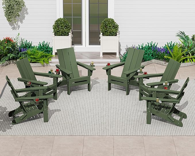 SERWALL Folding Adirondack Chair with Dual Cup Holders Set of 6, Modern Adirondack Chairs, HDPE All-Weather Fire Pit Chairs for Outdoor, Patio, Garden, Avocado Green