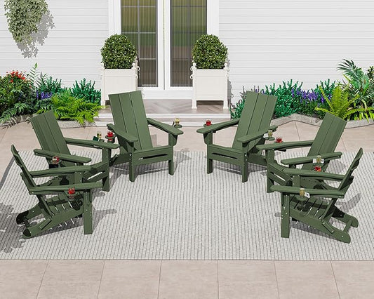 SERWALL Folding Adirondack Chair with Dual Cup Holders Set of 6, Modern Adirondack Chairs, HDPE All-Weather Fire Pit Chairs for Outdoor, Patio, Garden, Avocado Green