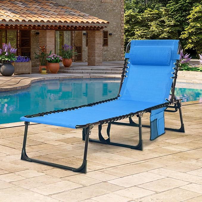 Folding Chaise Lounge Chair - 400lb Capacity, 5-Position Adjustable Recliner with Pillow - Photo 1