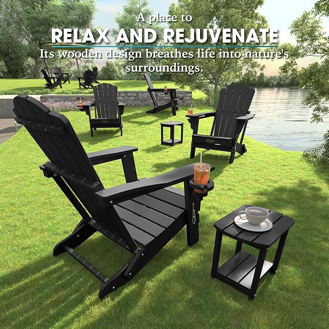 Folding Adirondack Chair Set of 2, HDPE All-Weather Outdoor Chair with Cup Holder, Wooden Textured, Fire Pit Chair - Photo 7