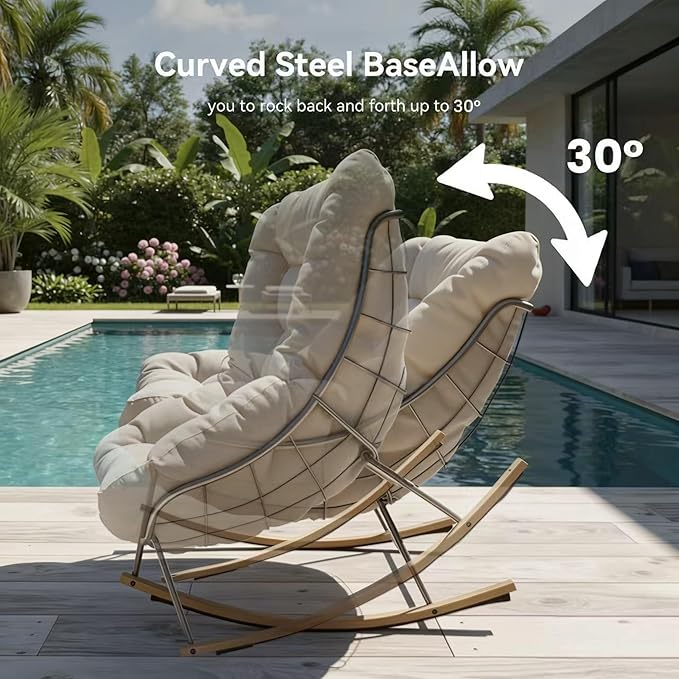 Outdoor Patio Rocking Chair, Oversized Papasan Chair with Cushion and Frame, Comfy Modern Rocker Egg Chair for Living Room, Garden Backyard,Beige