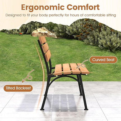 HAPPYGRILL Outdoor Acacia Wood Bench, 2-Person Park Bench with Metal Frame, Slatted Seat and Backrest, Patio Loveseat for Front Porch, Backyard, Garden