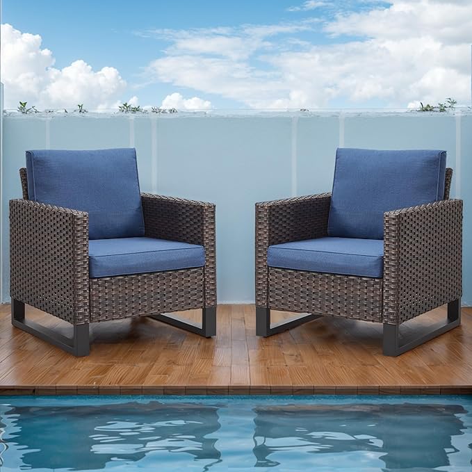 Rilyson Wicker Outdoor Patio Chairs Set of 2-2 Piece Rattan Chairs with Waterproof Wicker,Comfortable Cushions and Sturdy Metal Frame for Outside Porch Deck Backyard(Brown/Blue)