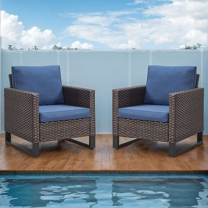 Rilyson Wicker Outdoor Patio Chairs Set of 2-2 Piece Rattan Chairs with Waterproof Wicker,Comfortable Cushions and Sturdy Metal Frame for Outside Porch Deck Backyard(Brown/Blue)