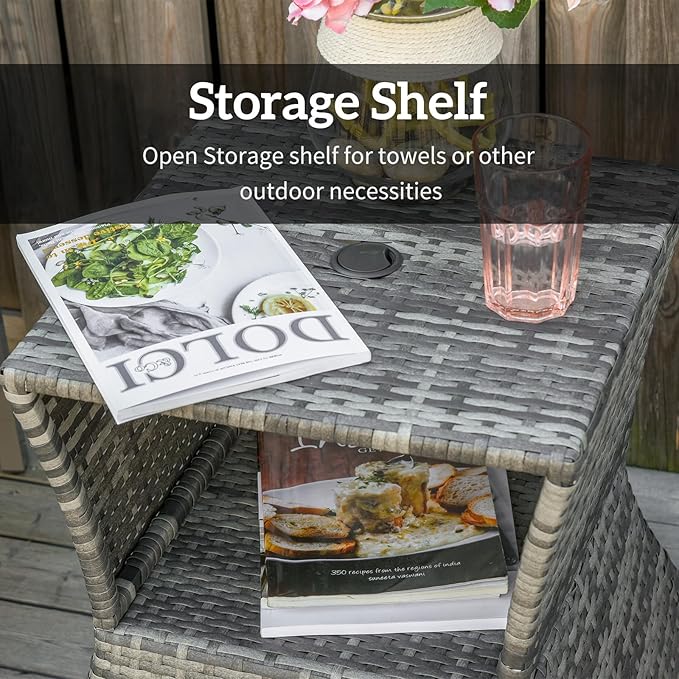 Outsunny Outdoor Side Table with Umbrella Hole, 2 Tier Rattan Wicker End Table with Storage Shelf, All Weather for Outdoor, Patio, Garden, Backyard, Mixed Gray