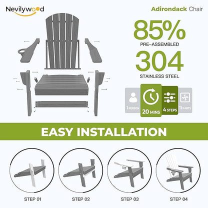 nevilywood HDPE Foldable Fire Pit Chairs Set of 2 with Cup Holders, Durable Faux Wood Look, Perfect for Patio, Backyard & Outdoor Gatherings, Grey