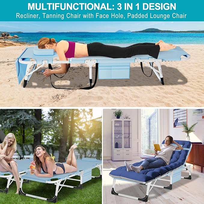 ABORON Oversized Folding Sun Tanning Chair, 3 in 1 Heavy Duty Chaise Lounge Chairs, with Mat/Pillow/Face Arm Holes - Photo 7