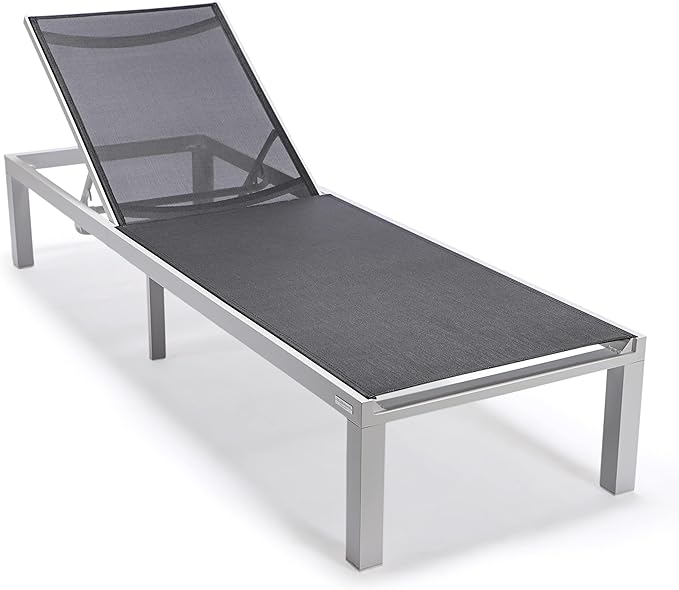 LeisureMod Marlin Aluminum Outdoor Chaise Lounge Chair (Set of 2) - Mesh Sling Fabric Seat White Aluminum Frame Beach, Pool Lounge Chair for Modern Patio Lawn, Garden and Backyard (Black)