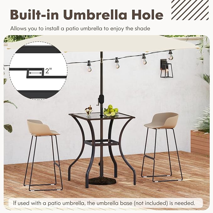 Tangkula Patio Bar Table with Umbrella Hole, All Weather 37 Inches Height Heavy Duty Outdoor Square Glass Top Table, for Garden Balcony Poolside and Lawn, Mix Brown