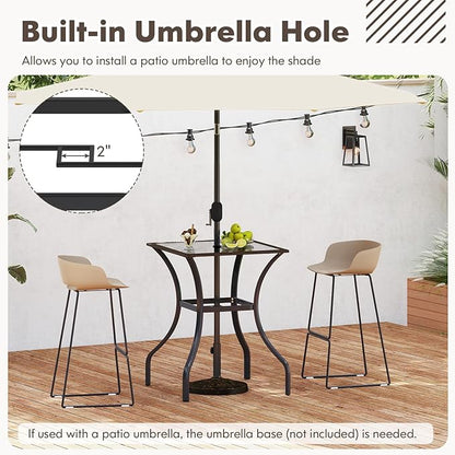 Tangkula Patio Bar Table with Umbrella Hole, All Weather 37 Inches Height Heavy Duty Outdoor Square Glass Top Table, for Garden Balcony Poolside and Lawn, Mix Brown